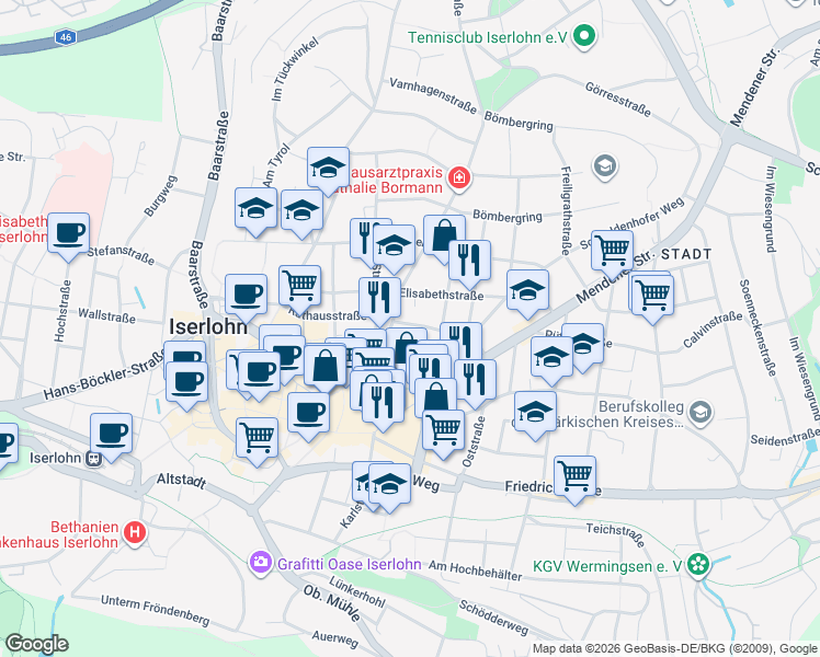 map of restaurants, bars, coffee shops, grocery stores, and more near 13 Am Tiefbau in Iserlohn