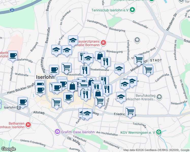 map of restaurants, bars, coffee shops, grocery stores, and more near 13 Am Tiefbau in Iserlohn