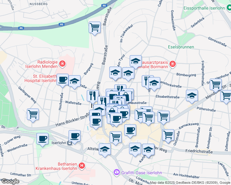 map of restaurants, bars, coffee shops, grocery stores, and more near 3 Stennerstraße in Iserlohn