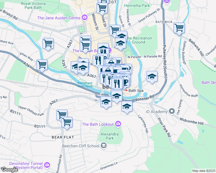 map of restaurants, bars, coffee shops, grocery stores, and more near in Bath