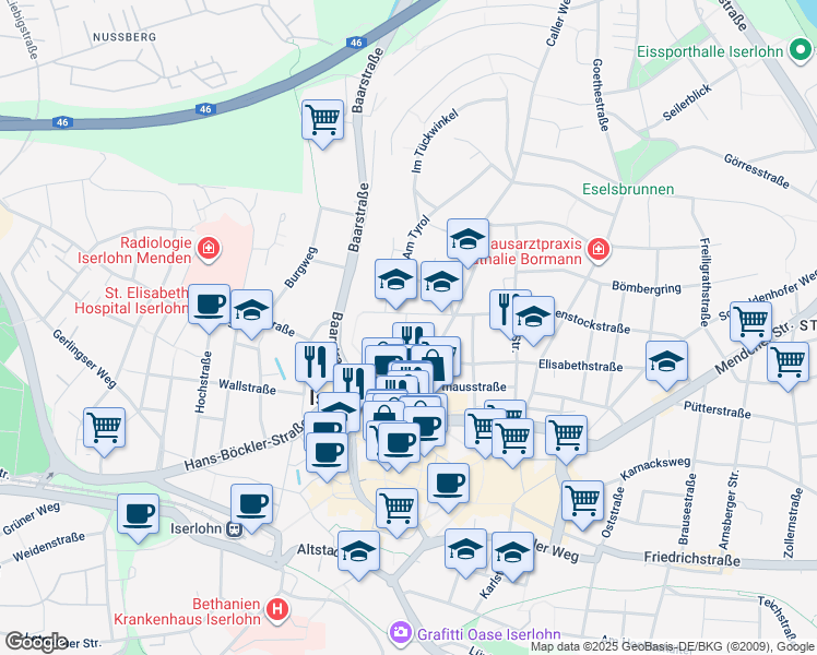 map of restaurants, bars, coffee shops, grocery stores, and more near 3 Stennerstraße in Iserlohn