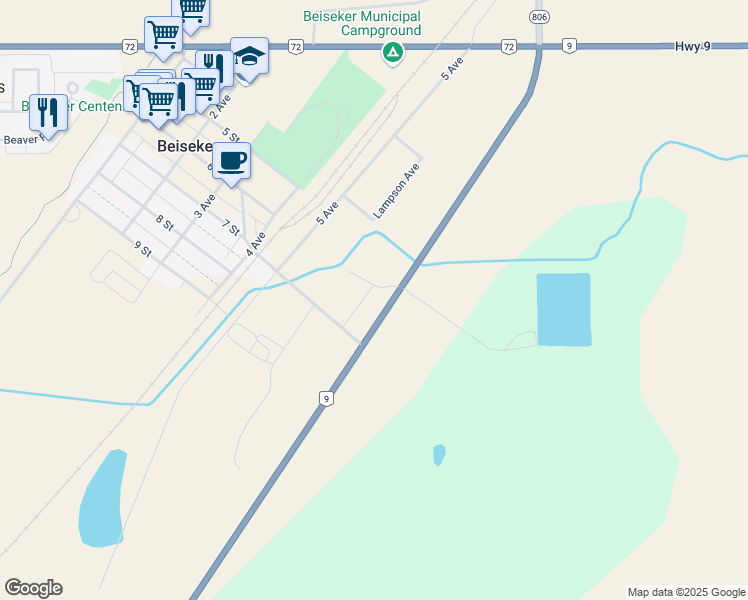 map of restaurants, bars, coffee shops, grocery stores, and more near Drumheller Highway in Beiseker