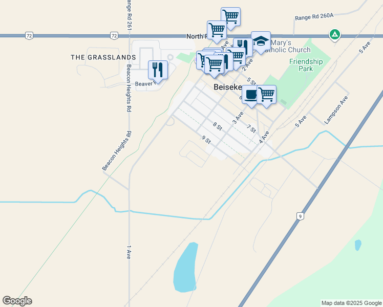 map of restaurants, bars, coffee shops, grocery stores, and more near 16 Lount Crescent in Beiseker
