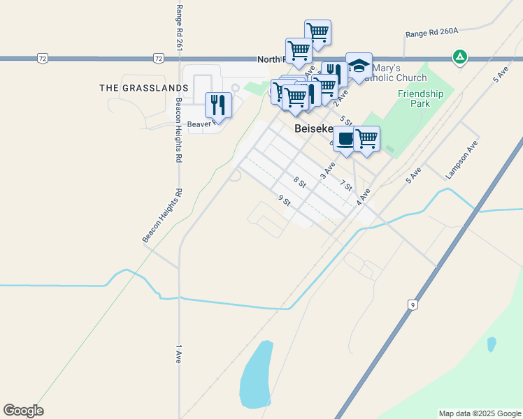 map of restaurants, bars, coffee shops, grocery stores, and more near 16 Lount Crescent in Beiseker