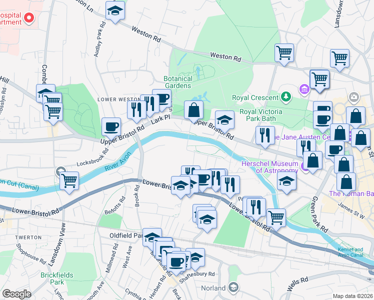 map of restaurants, bars, coffee shops, grocery stores, and more near Midland Road in Bath and North East Somerset