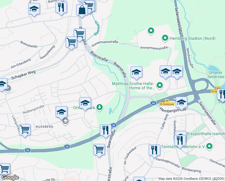 map of restaurants, bars, coffee shops, grocery stores, and more near 1 Ohlauer Straße in Iserlohn