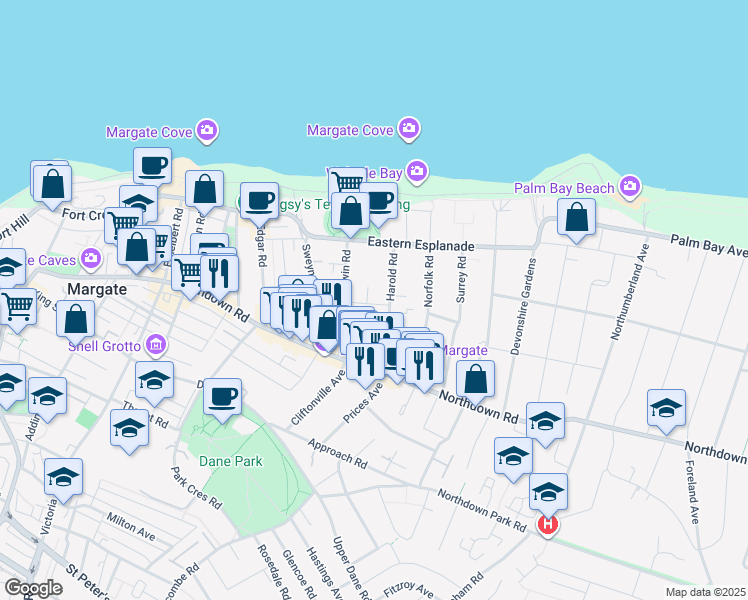 map of restaurants, bars, coffee shops, grocery stores, and more near Albion Road in Kent