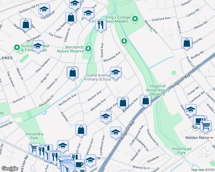 map of restaurants, bars, coffee shops, grocery stores, and more near 25 Grand Avenue in Greater London