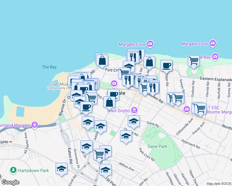 map of restaurants, bars, coffee shops, grocery stores, and more near in Margate