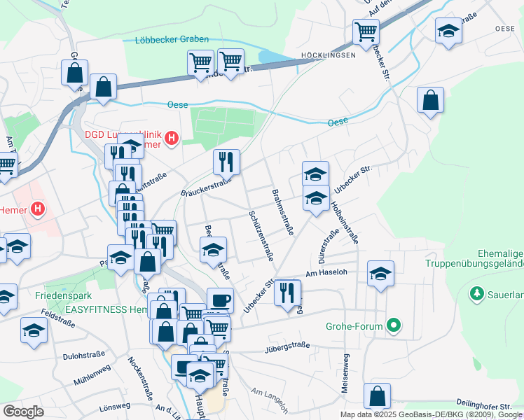 map of restaurants, bars, coffee shops, grocery stores, and more near 4 Am Hammerscheid in Hemer