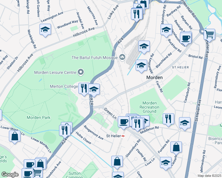 map of restaurants, bars, coffee shops, grocery stores, and more near 23 Ashley Avenue in Greater London