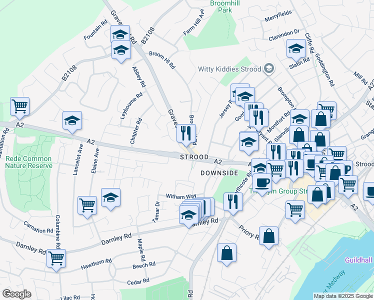 map of restaurants, bars, coffee shops, grocery stores, and more near 9 Gravesend Road in Medway