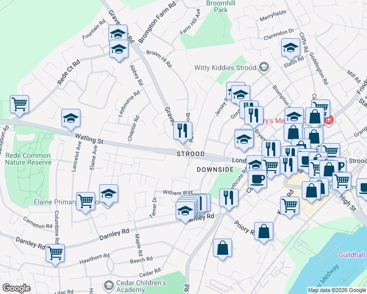 map of restaurants, bars, coffee shops, grocery stores, and more near 9 Gravesend Road in Medway