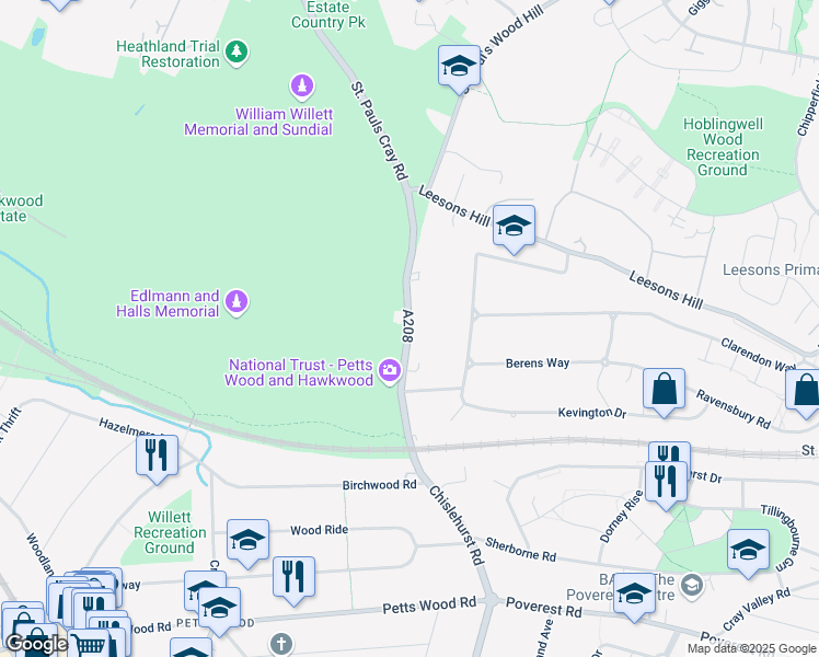 map of restaurants, bars, coffee shops, grocery stores, and more near Orpington Road in Orpington