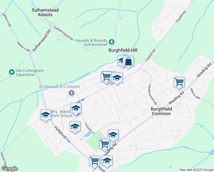 map of restaurants, bars, coffee shops, grocery stores, and more near  in Burghfield Common