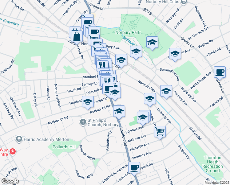 map of restaurants, bars, coffee shops, grocery stores, and more near London Road in Greater London