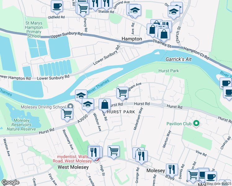 map of restaurants, bars, coffee shops, grocery stores, and more near Victoria Avenue in Surrey