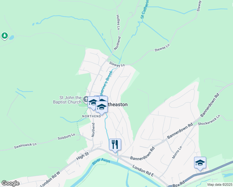 map of restaurants, bars, coffee shops, grocery stores, and more near 102 Catherine Way in Batheaston