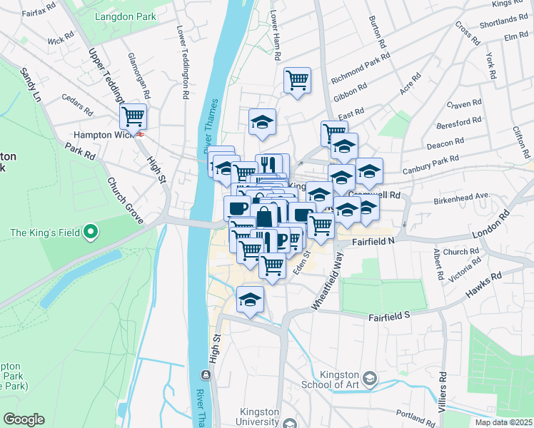 map of restaurants, bars, coffee shops, grocery stores, and more near in Kingston upon Thames