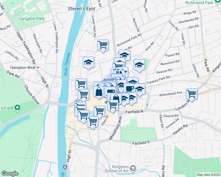 map of restaurants, bars, coffee shops, grocery stores, and more near Wood Street in Greater London