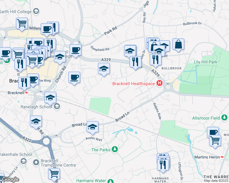 map of restaurants, bars, coffee shops, grocery stores, and more near 9 Sterling Centre in Berkshire