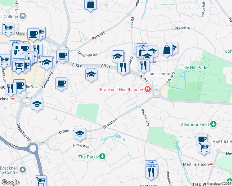 map of restaurants, bars, coffee shops, grocery stores, and more near 9 Sterling Centre in Berkshire