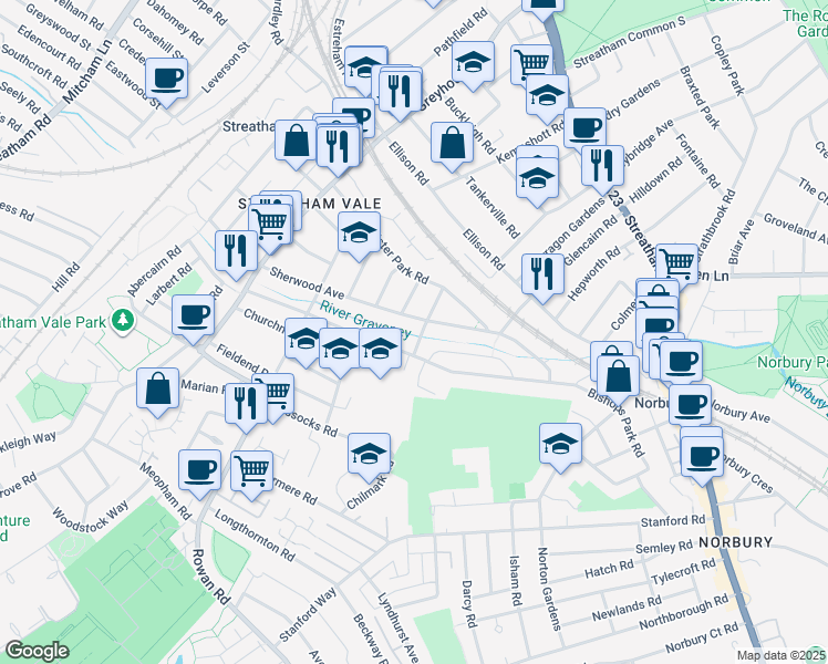 map of restaurants, bars, coffee shops, grocery stores, and more near Hawkhurst Road in Greater London