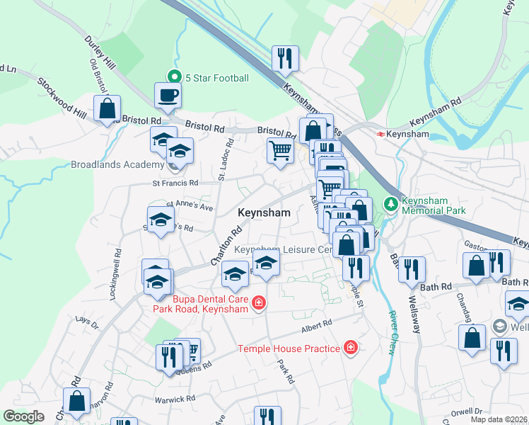 map of restaurants, bars, coffee shops, grocery stores, and more near in Keynsham