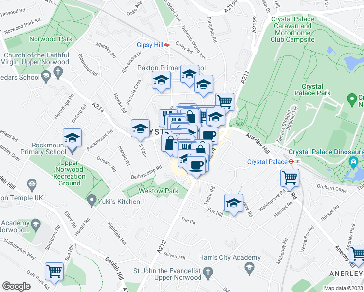map of restaurants, bars, coffee shops, grocery stores, and more near 17 Westow Street in Greater London