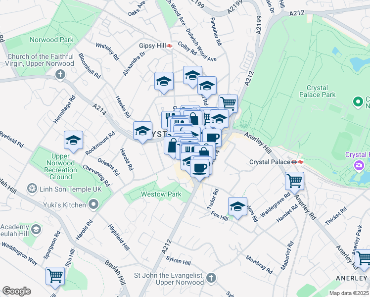 map of restaurants, bars, coffee shops, grocery stores, and more near 17 Westow Street in Greater London