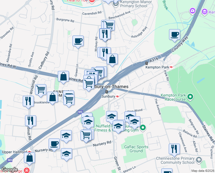map of restaurants, bars, coffee shops, grocery stores, and more near in Sunbury-on-Thames