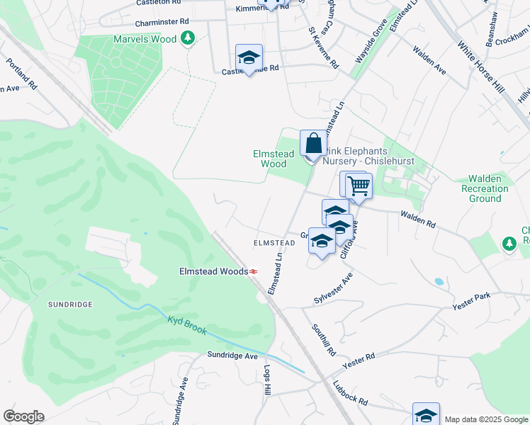 map of restaurants, bars, coffee shops, grocery stores, and more near Robin Hill Drive in Greater London