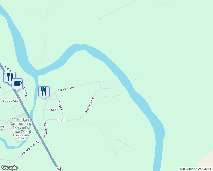 map of restaurants, bars, coffee shops, grocery stores, and more near 324 Mabbott Road in Drumheller