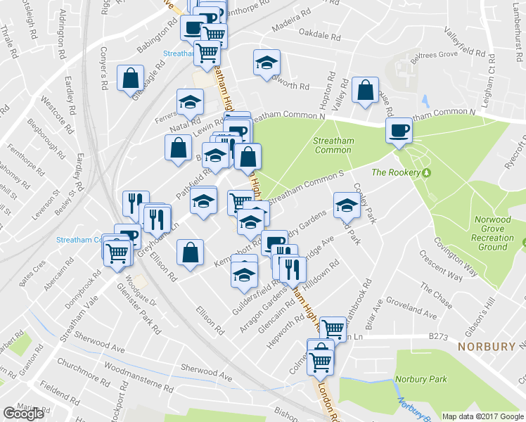 map of restaurants, bars, coffee shops, grocery stores, and more near 2 Streatham Common South in Greater London