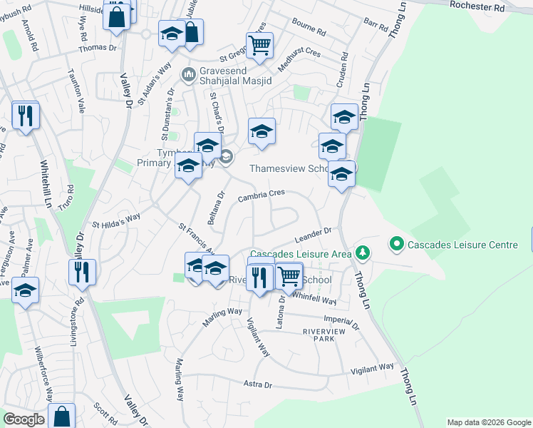 map of restaurants, bars, coffee shops, grocery stores, and more near Kelso Drive in Kent