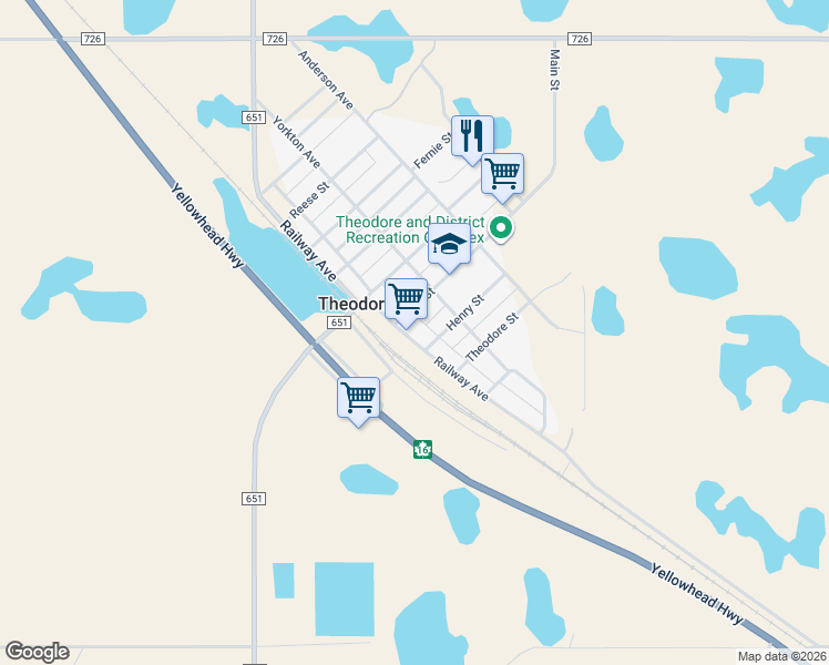 map of restaurants, bars, coffee shops, grocery stores, and more near 313 Railway Avenue in Theodore