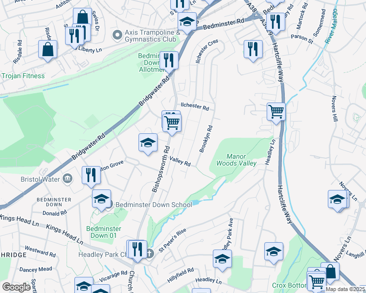 map of restaurants, bars, coffee shops, grocery stores, and more near 16 Lewis Road in Bristol City