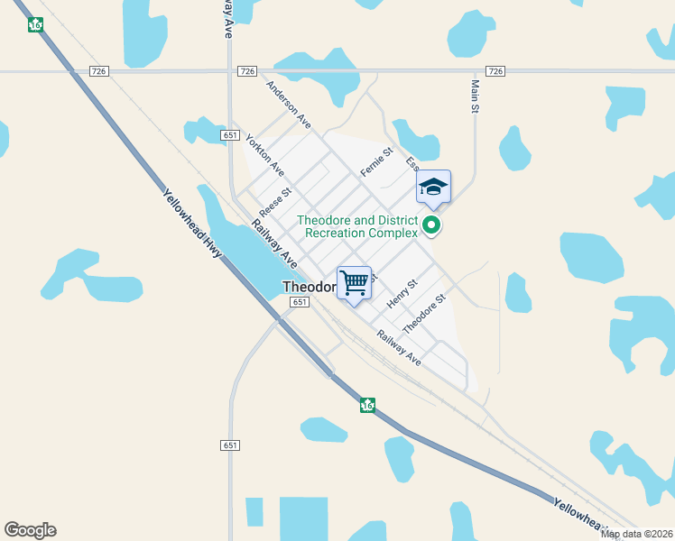 map of restaurants, bars, coffee shops, grocery stores, and more near 313 Railway Avenue in Theodore