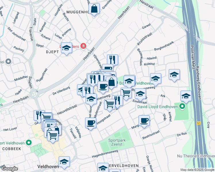 map of restaurants, bars, coffee shops, grocery stores, and more near 1 Blaarthemseweg in Veldhoven