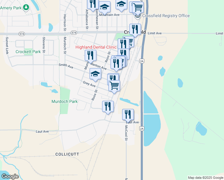 map of restaurants, bars, coffee shops, grocery stores, and more near 1014 Grey Avenue in Crossfield