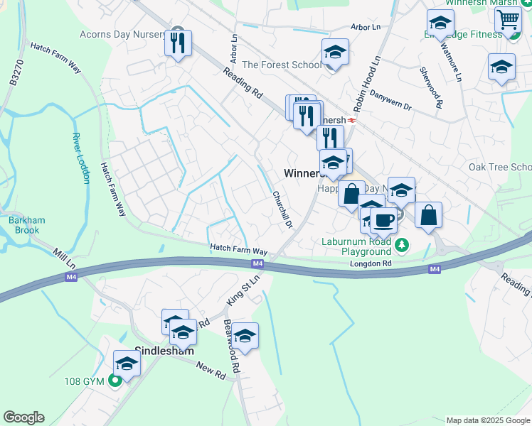 map of restaurants, bars, coffee shops, grocery stores, and more near in Winnersh