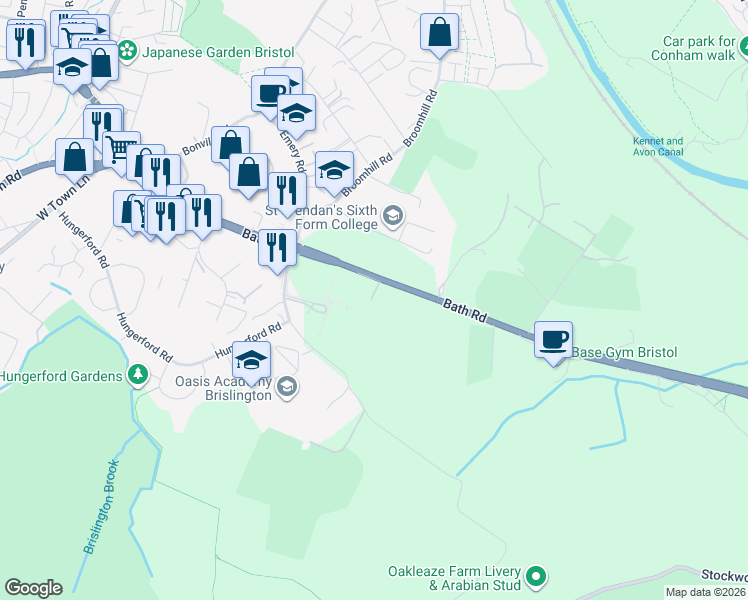 map of restaurants, bars, coffee shops, grocery stores, and more near Bath Road in Bristol City