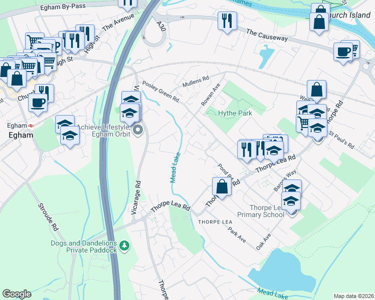 map of restaurants, bars, coffee shops, grocery stores, and more near Osier Place in Surrey