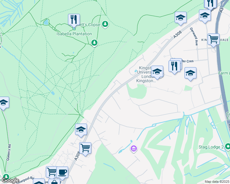 map of restaurants, bars, coffee shops, grocery stores, and more near 154 Kingston Hill in Greater London