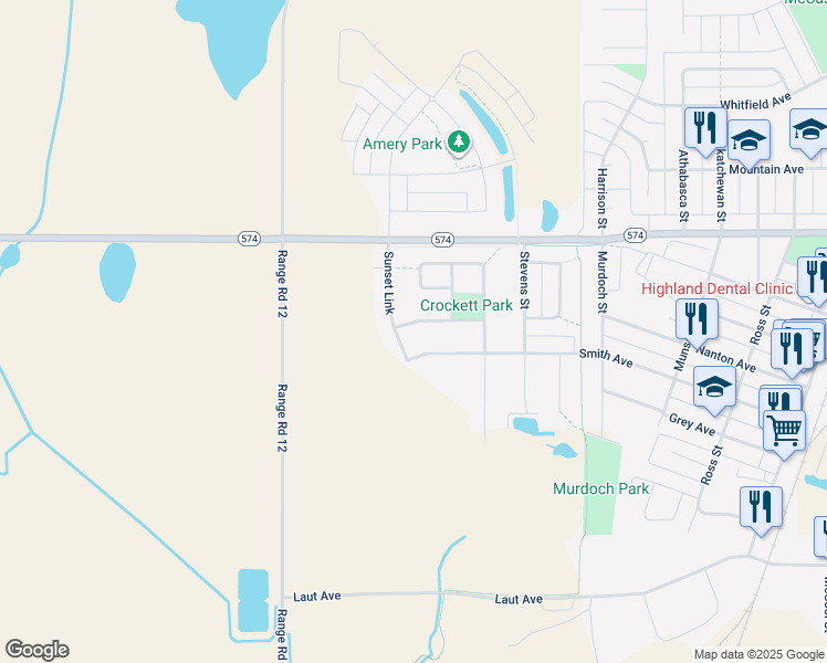 map of restaurants, bars, coffee shops, grocery stores, and more near 341 Sunset Way in Crossfield