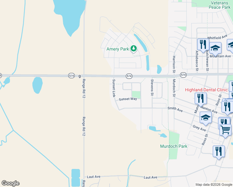map of restaurants, bars, coffee shops, grocery stores, and more near 341 Sunset Way in Crossfield