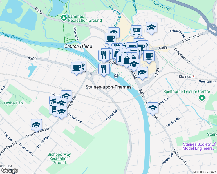map of restaurants, bars, coffee shops, grocery stores, and more near in Staines-upon-Thames
