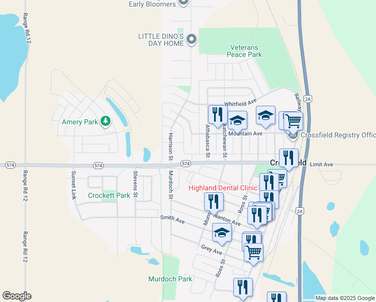 map of restaurants, bars, coffee shops, grocery stores, and more near 78 Stafford Street in Crossfield
