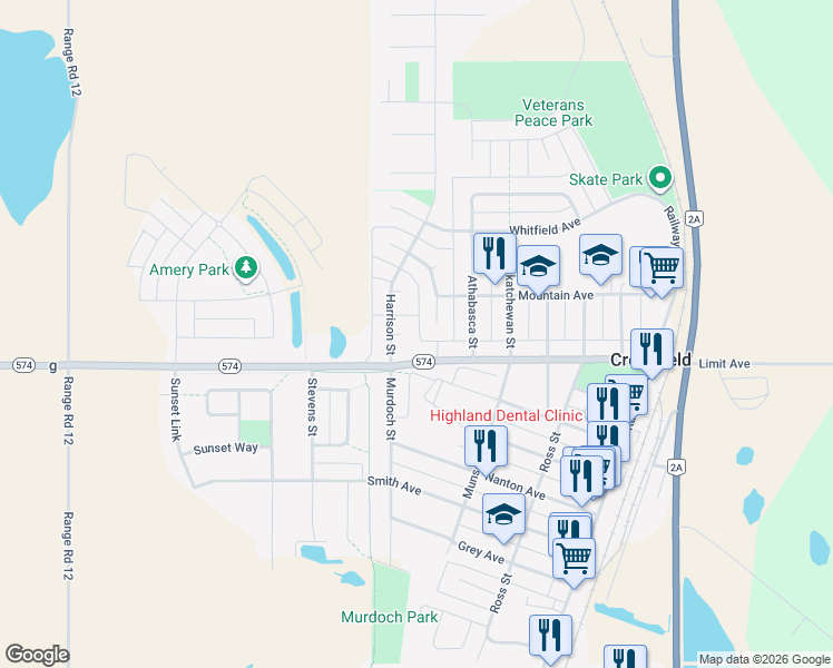 map of restaurants, bars, coffee shops, grocery stores, and more near 78 Stafford Street in Crossfield