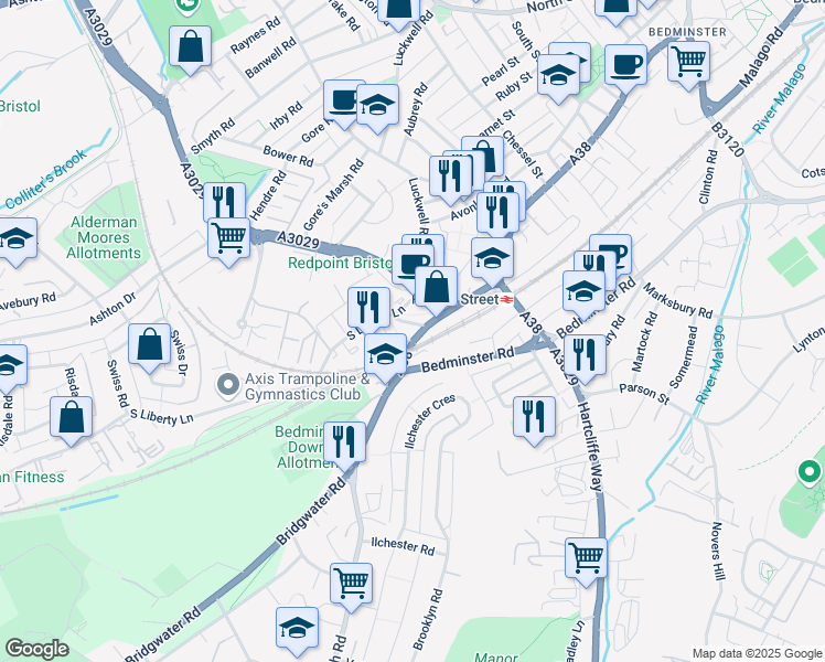 map of restaurants, bars, coffee shops, grocery stores, and more near Bedminster Down Road in City of Bristol